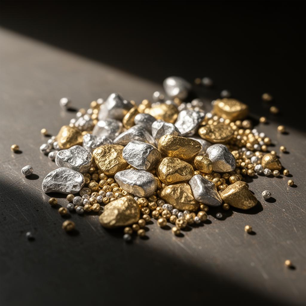 Rough silver and gold ingots and granules on steel