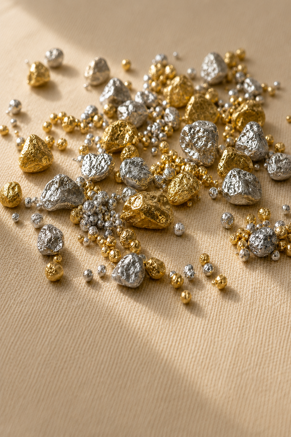 Rough silver and gold ingots and granules on steel