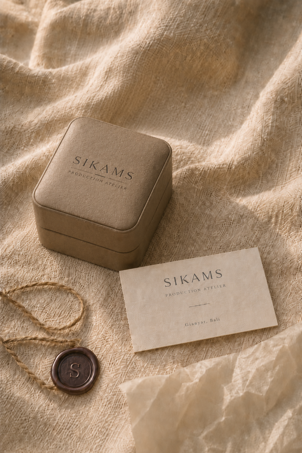 Custom charcoal box with blind-deboss emblem and suede pouch on linen
