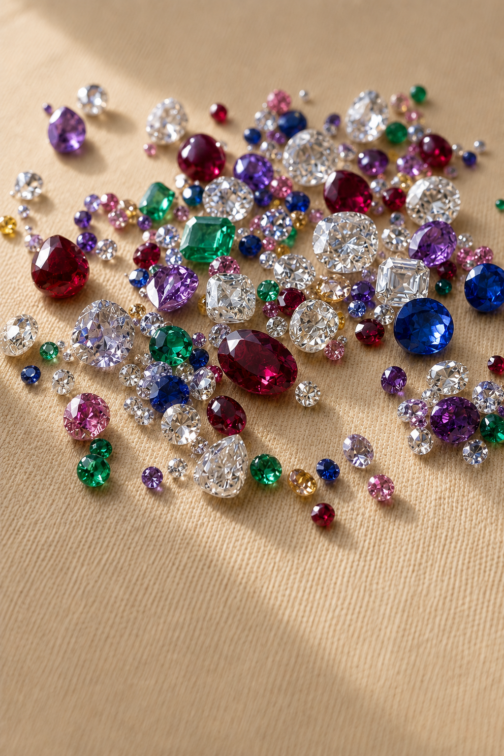 Loose sapphires, diamonds and tourmalines arranged on deep umber velvet