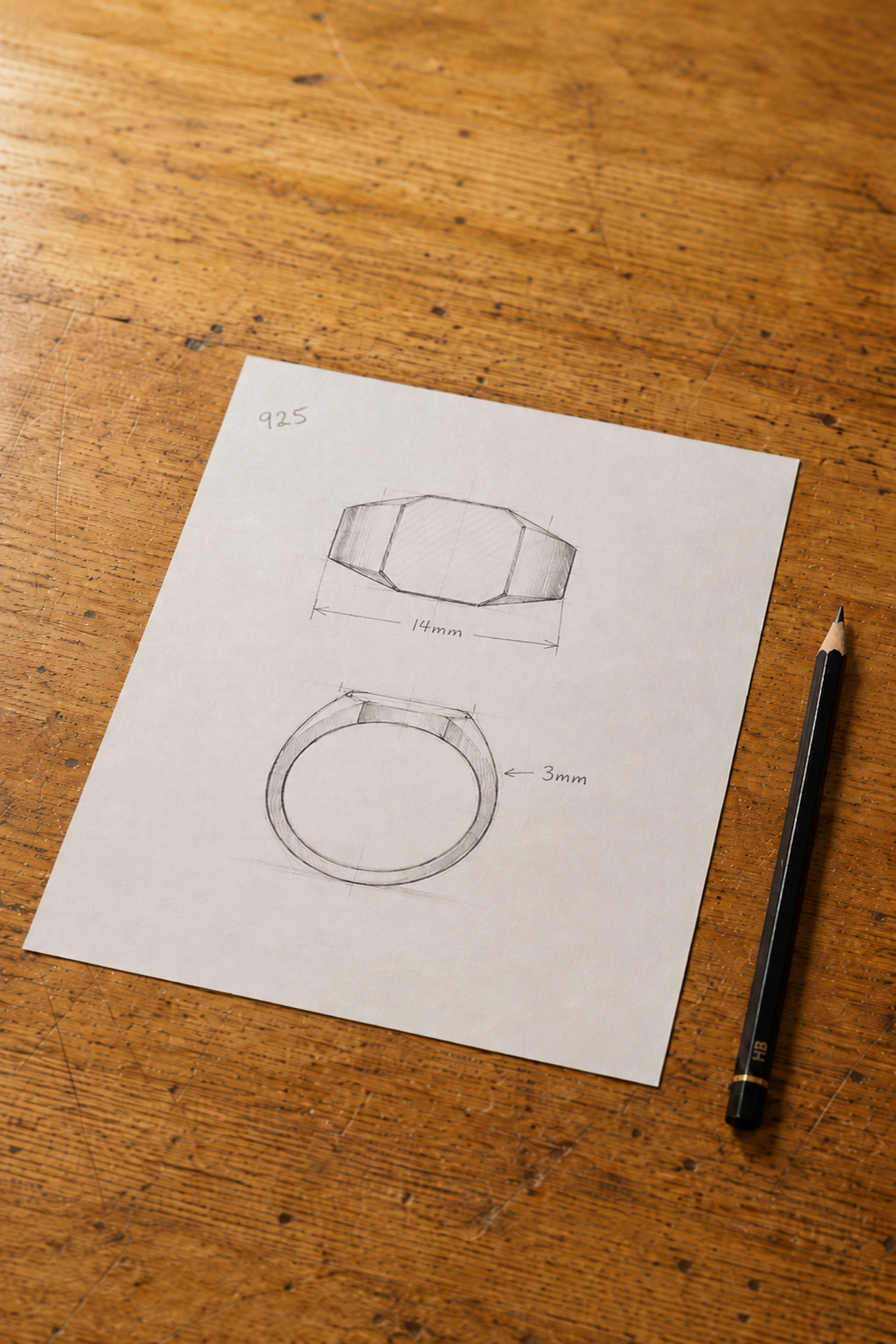 Hand-drawn ring sketch on tracing paper with a brass loupe