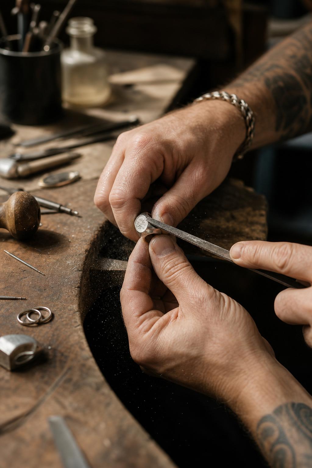 At the bench — hands filing a piece in progress