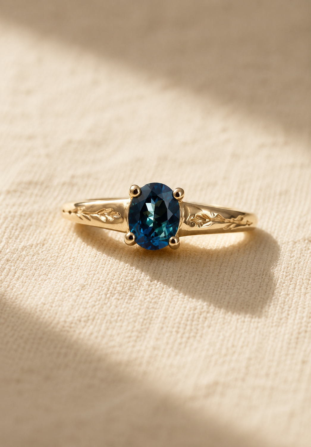 Sapphire solitaire — engraved gold shoulders