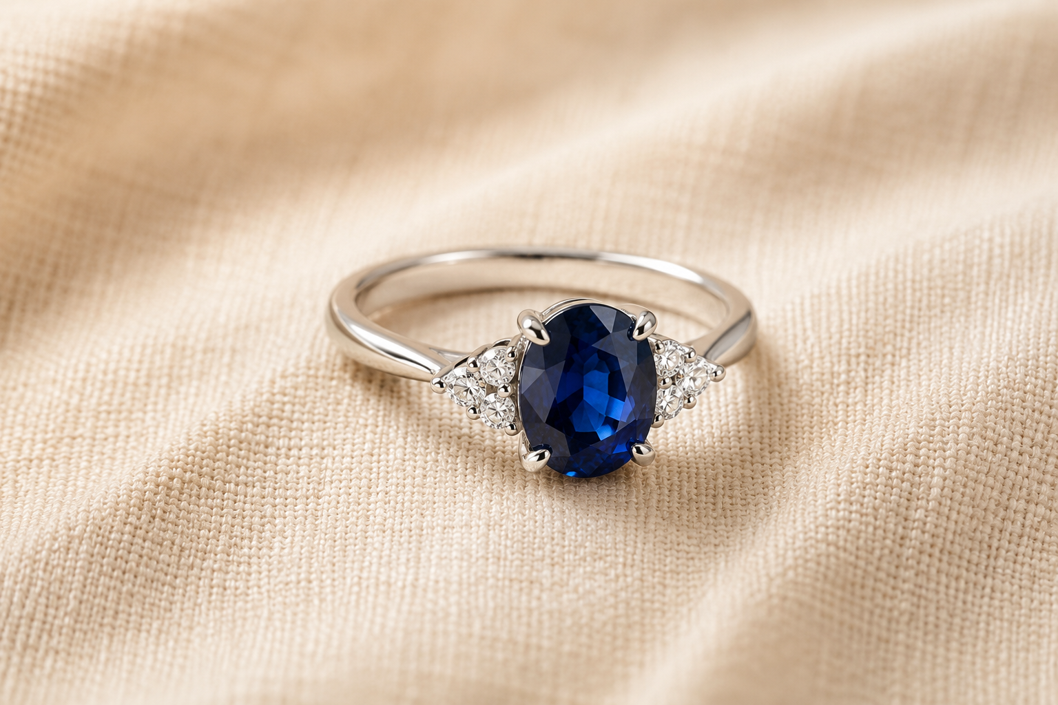 Silver ring with blue sapphire and side diamonds on linen